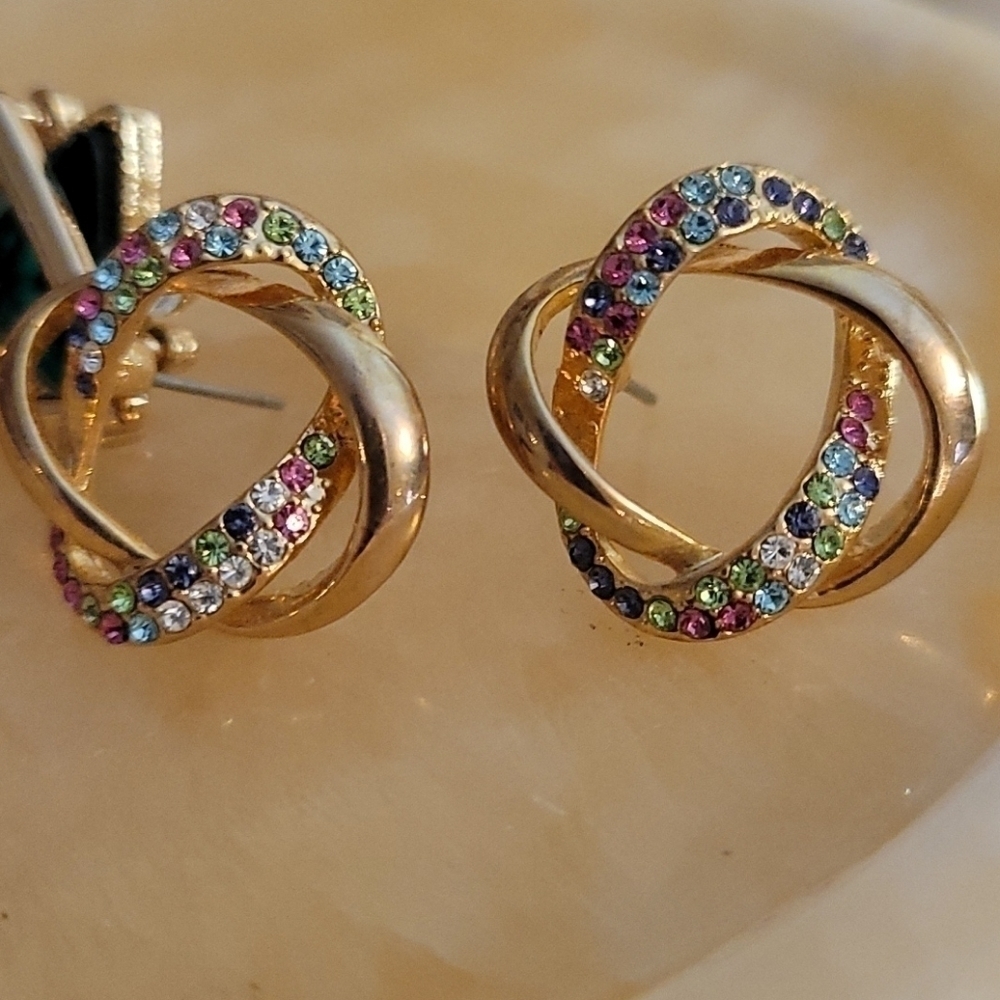 TWO Pairs Triangle Knot Rhinestone Goldtone Knot Post Earrings - Picture 3 of 4